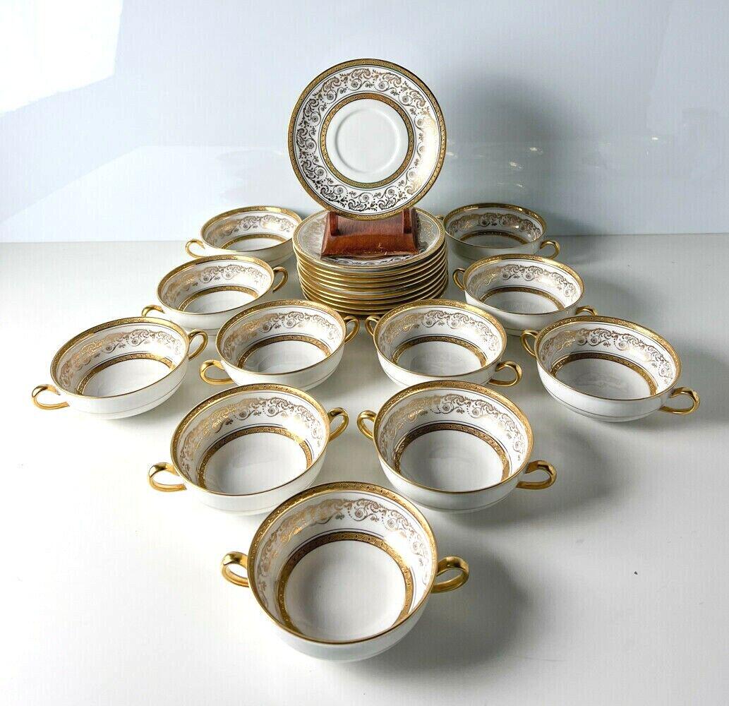 11pc Limoges France Cream Soup Bouillon Cup and Saucers Au Vase Etrusque Paris (1 of 5)