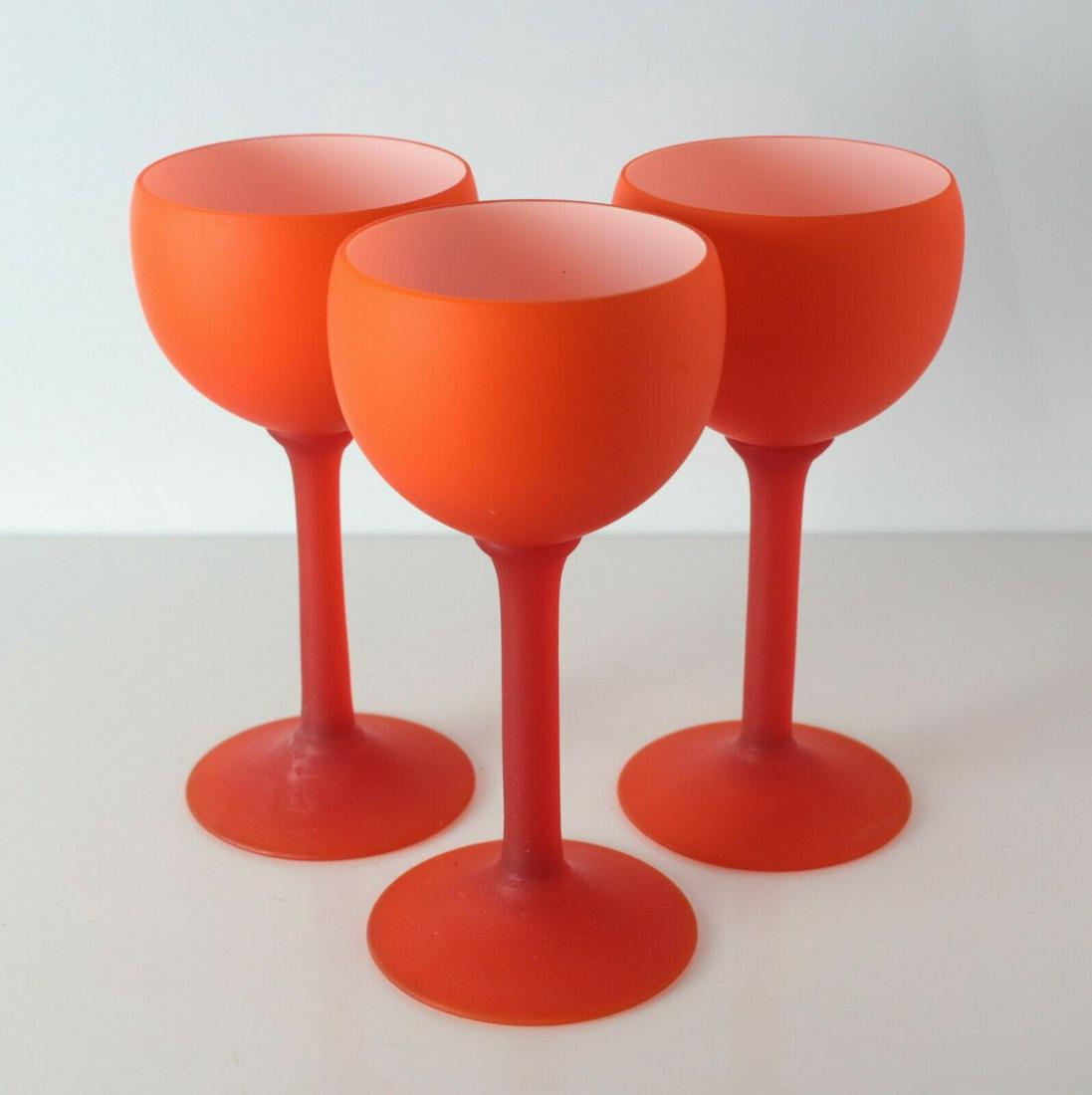 3pc Carlo Moretti Satinato Empoli Murano Italy Orange Cased Wine Goblets Glasses: 3pc Mid Century Modern Carlo Moretti Satinato Empoli Murano Italy Orange Cased Wine Goblets Glasses - rare frosted finish in vibrant orange, white interiors, tall stems. Stunning. 1.75lb Approx. Measu