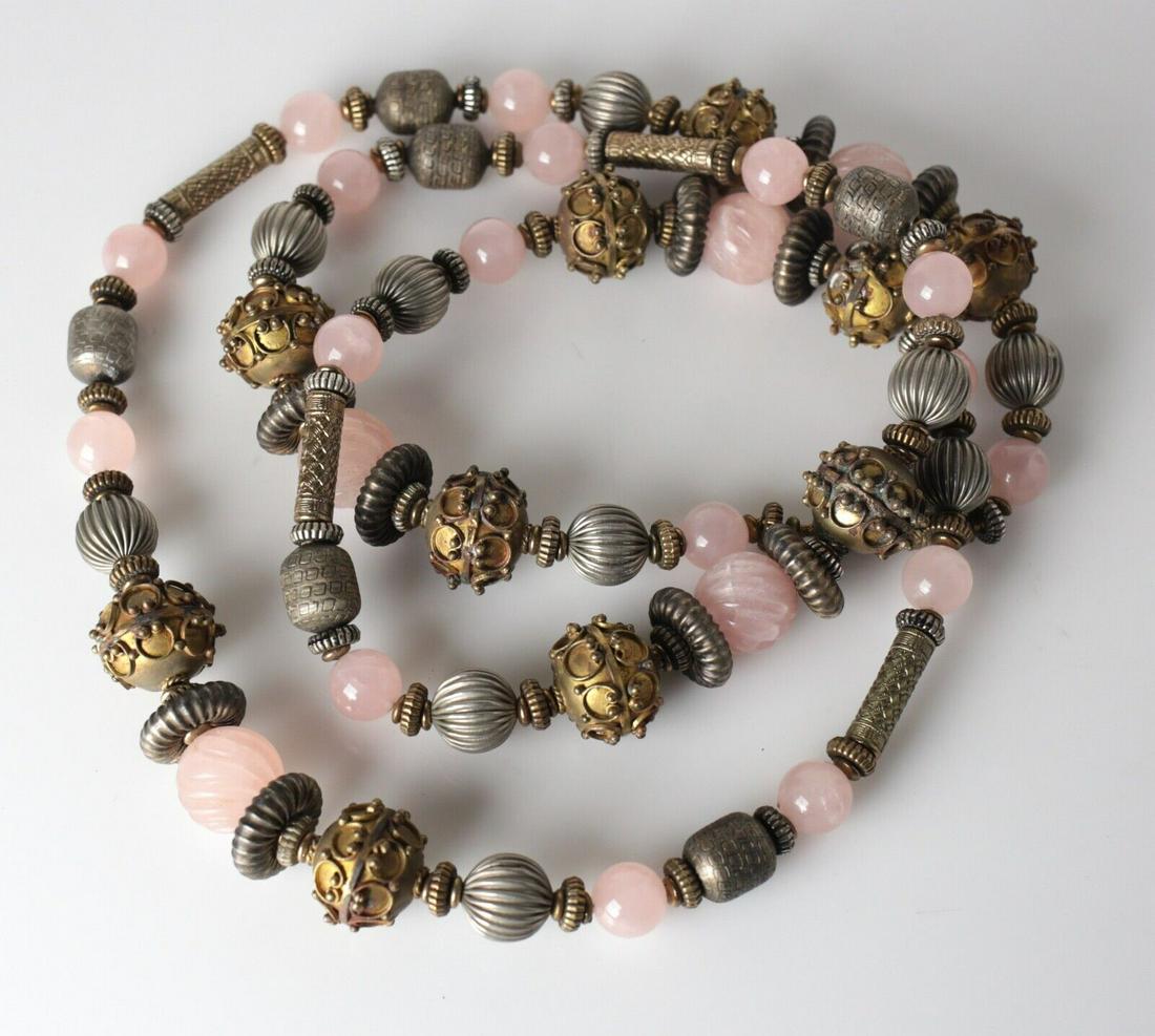 Vtg Large Silver Brass Beaded Rose Quartz continuous Tribal Chunky NECKLACE 52" (1 of 3)
