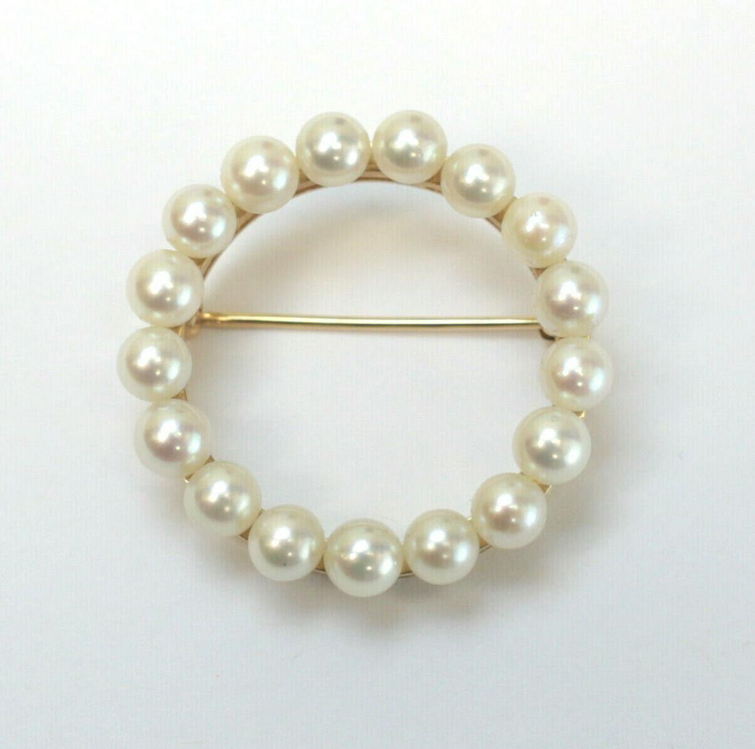 Vintage 14k Yellow Gold Pearl Brooch, "Circle of Love" circular wreath (1 of 4)