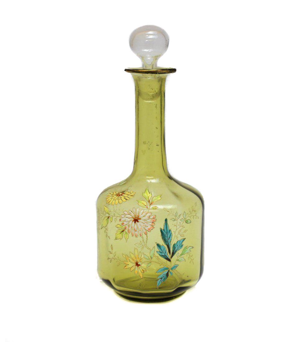Mont Joye French Art Glass Decanter w/ Raised Hand Painted Enamel Flowers, c1920 (1 of 4)