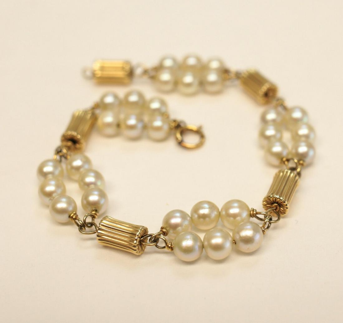 Vtg 14k Yellow Gold and Cultured Pearl Bracelet, ridged gold beads (1 of 4)