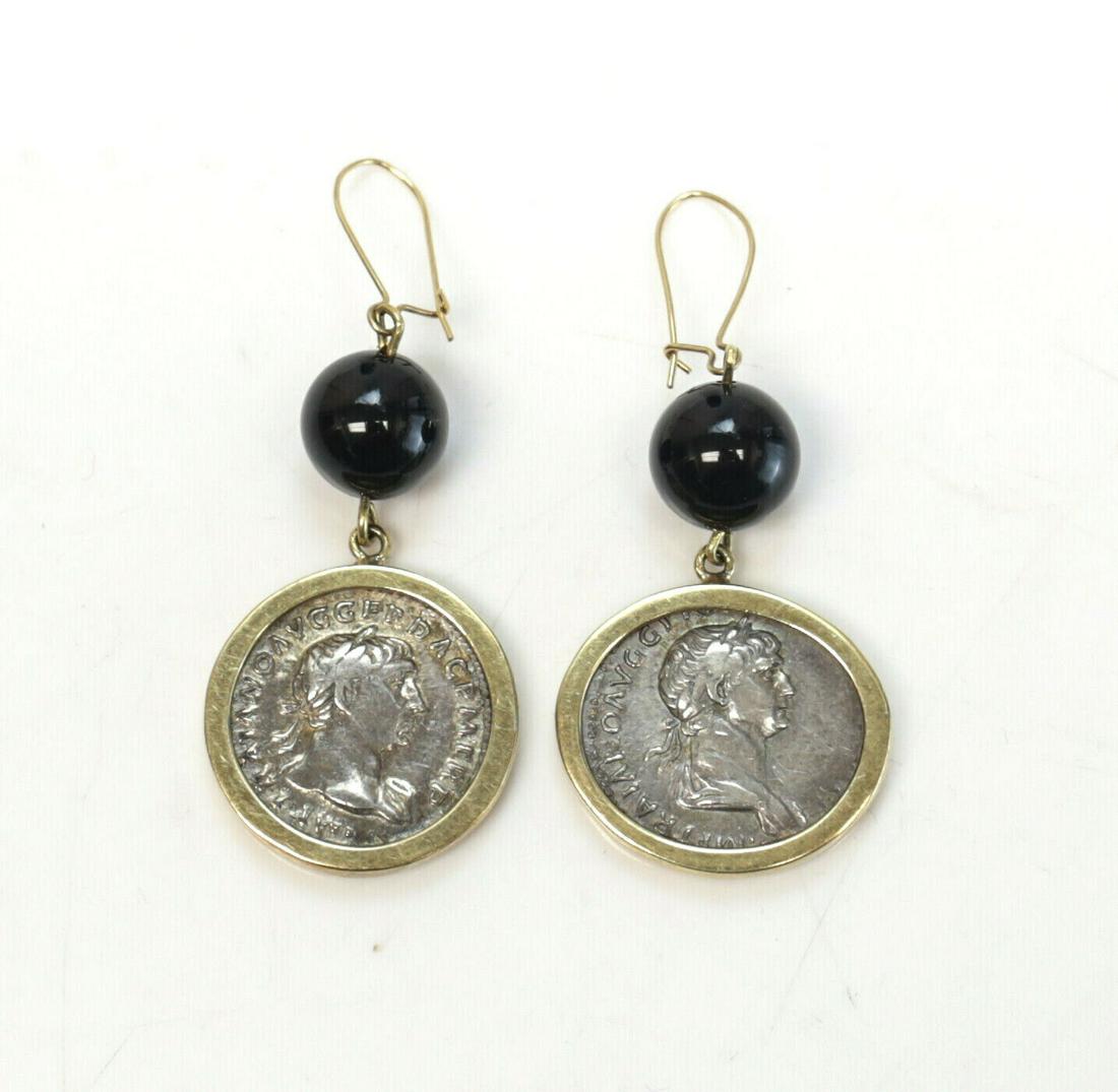 Roman Silver Coin 18k Yellow Gold Drop Pierced Earrings, onyx beads (1 of 4)