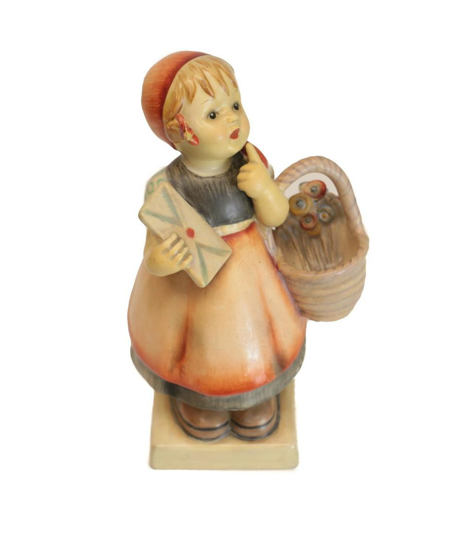 Hummel Figurine Meditation, TMK 1, 7" Girl with letter and basket of flowers: Rare Hummel Figurine, "Meditation", 7" Girl with letter and basket of flowers, TMK 1, 13/2. Impressed and stamped wide crown mark and "Germany". C1940. Differs from newer versions, as there are flower