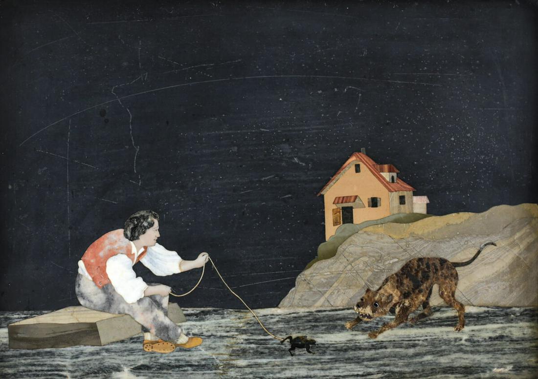 Italian Pietra Dura G. Ugolini whimsical scene man with frog, dog 19th century (1 of 6)