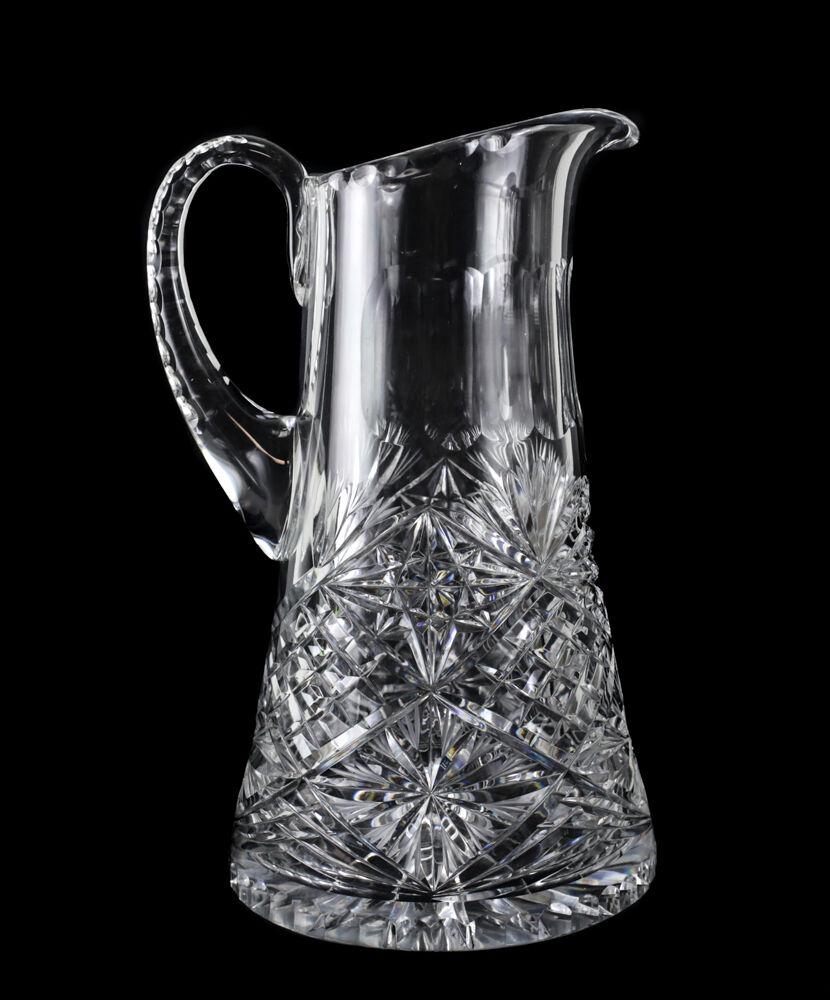 American Large Cut Glass Pitcher, cris cross, fan, starburst cuts, c1920 (1 of 7)