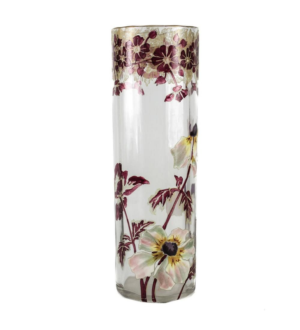 Moser 11" Art Glass Vase hand painted enamel flowers, gilt Fluted pillar c1920 (1 of 6)