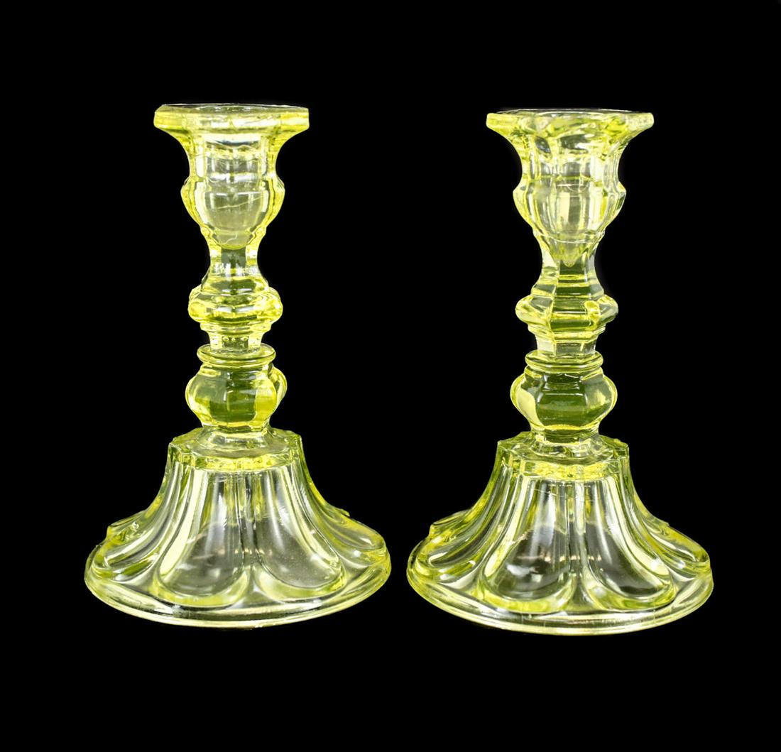 Pair of Yellow Vaseline Glass Candlesticks 6 3/4", 19th century (1 of 6)