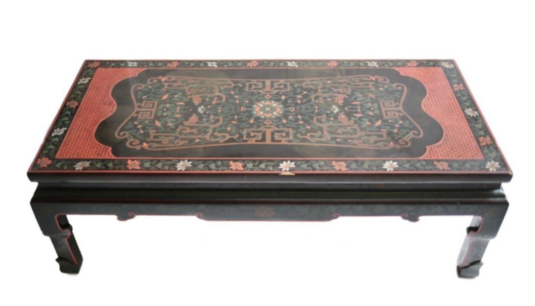 Chinese Black lacquer coffee or low table: Chinese Black lacquer low / coffee or low table, beautifully painted designs, curved carved legs. 30Lbs. 48 x 22 x 16.5 inches