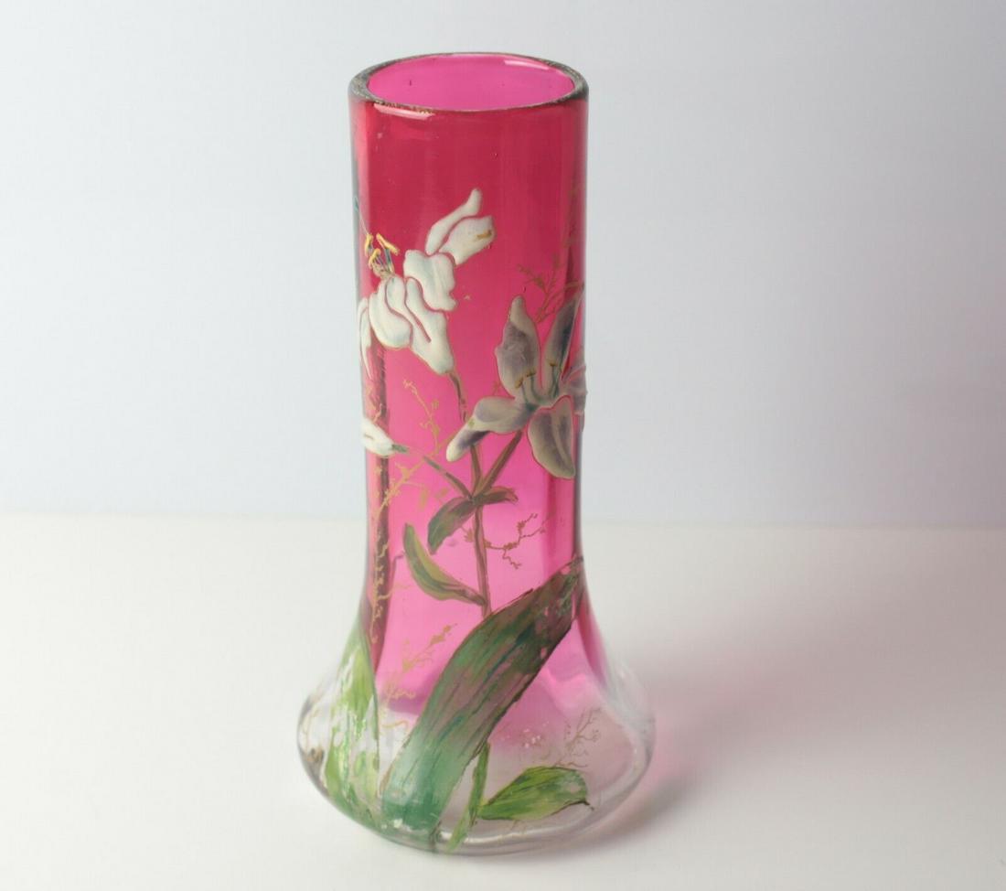 Legras / Mont Joye Cranberry to clear Art Glass Vase hand painted enamel Lilies (1 of 5)