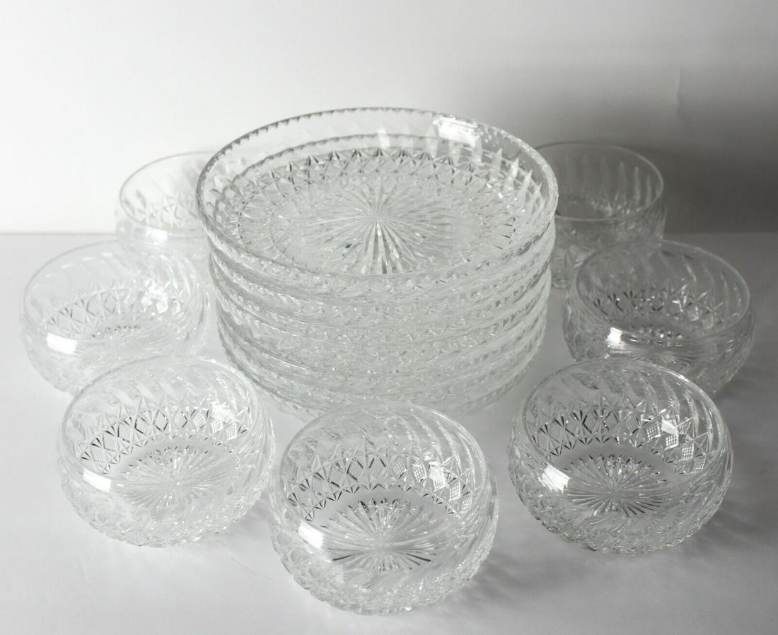 7pc Set of Thomas Webb Cut Glass Bowls with Large Underplates c1950-60: 7pc Set of Thomas Webb Cut Glass Bowls with Large Underplates, cross hatch and leaf cuts, c1950. 7 bowls, 7 plates. 17.5lbs Approx. Measurements: bowls 4.25 in diameter at rim x 2.375 in height; under