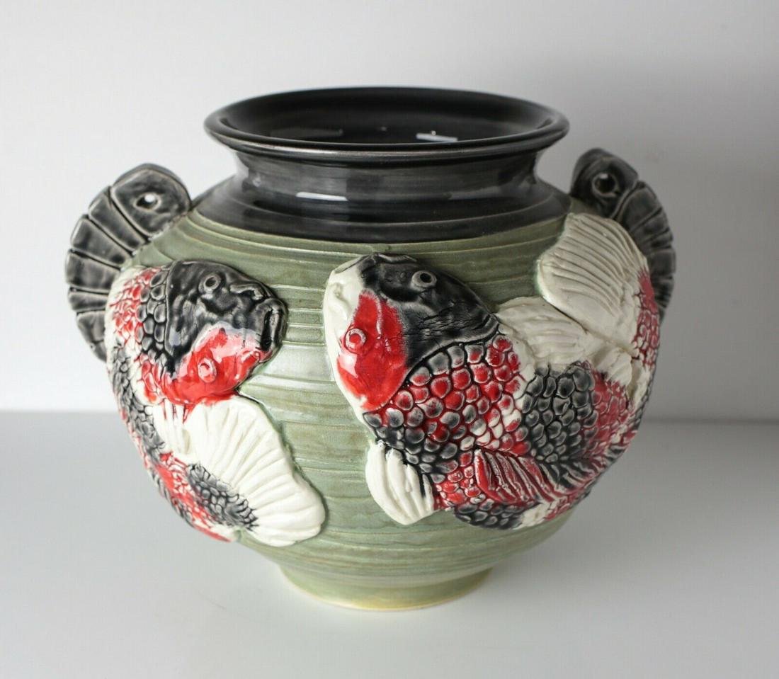 Vintage Joseph Pelka Wheel-thrown earthenware dual handle Vase, Koi design (1 of 5)