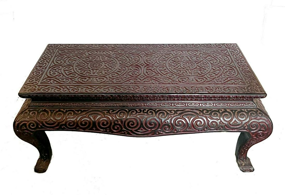 Chinese Lacquer table, red and black, deeply carved stylized designs (1 of 5)
