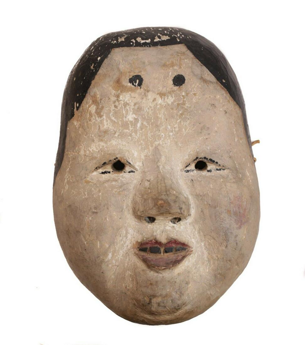 Japanese Okame Kyogen Onna Noh Female Mask, polychrome pigments gesso on wood (1 of 4)