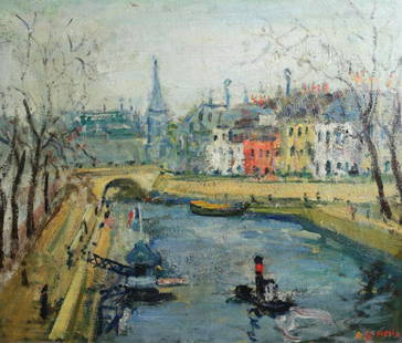 Arbit Blatas (Lithuanian 1908-1999) Impressionist Oil Painting French cityscape: Arbit Blatas (Lithuanian 1908-1999) Impressionist Oil Painting on canvas, French cityscape by the river, singed A. Blatas lower right. In gilt, washed gesso wood frame. 16lbs Approx. Measurements: pai