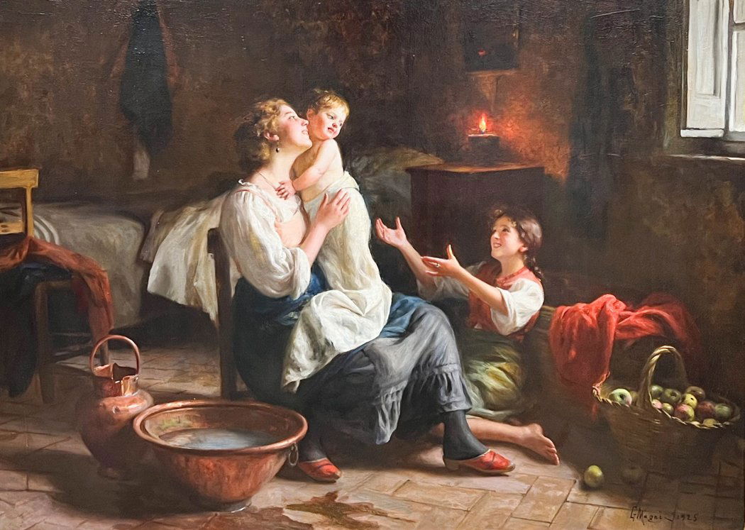 Giuseppe Magni Oil Painting on Canvas Signed: Giuseppe Magni (Italian, 1869-1956) oil painting on canvas. Painting depicts a family scene with a mother and two children. Signed "G Magni 1925" to the lower right. Mounted in a gilt wood frame. Weig