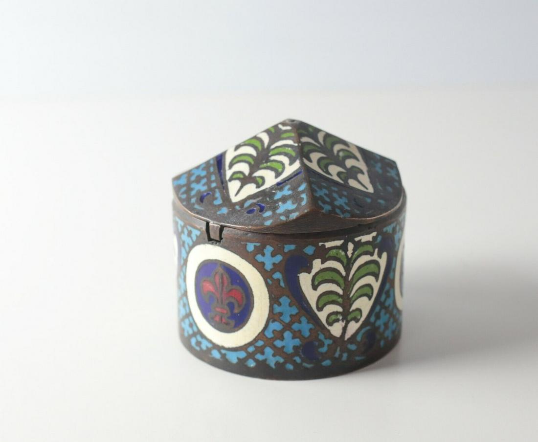 19th century French Bronze Champleve enamel box, with hinged lid, wood bottom (1 of 6)