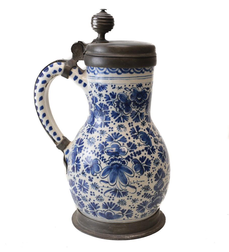 18th Century Pewter mounted German Faience Tankard blue & white painted florals (1 of 7)