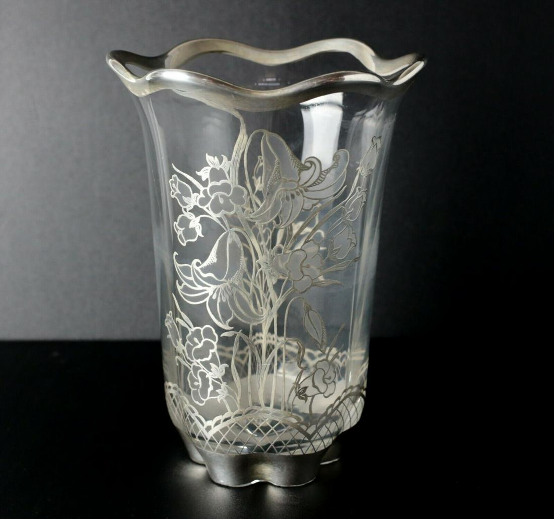 Sterling Silver Overlay Crystal Vase, with floral designs. C1920 (1 of 8)