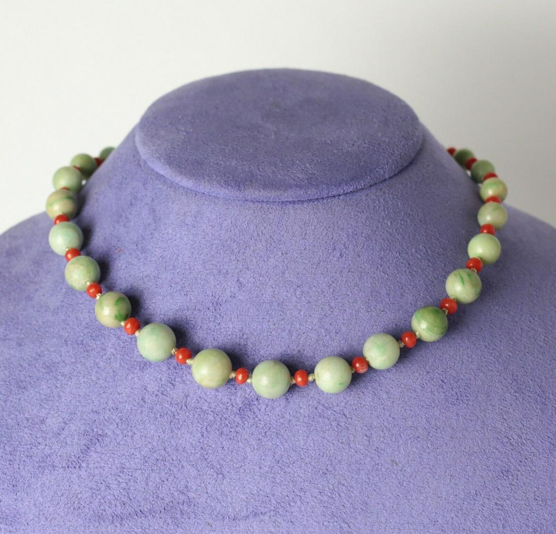 Graduated Jadeite and Coral Beaded Necklace, 14k white gold closure (1 of 4)