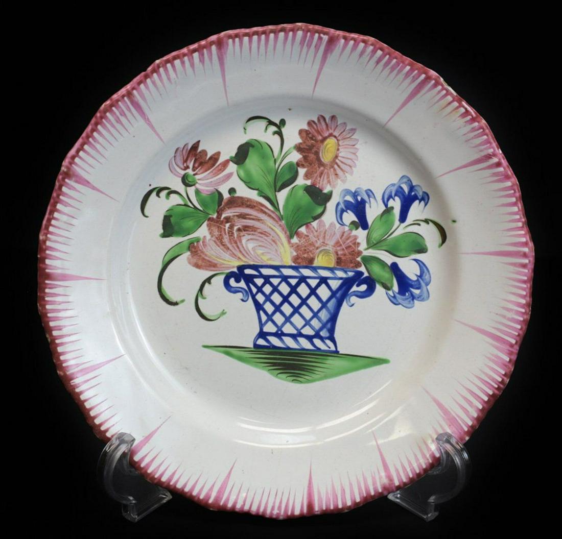 Antique Continental Faience Polychrome Plate, c1800,  floral display in basket (1 of 2)