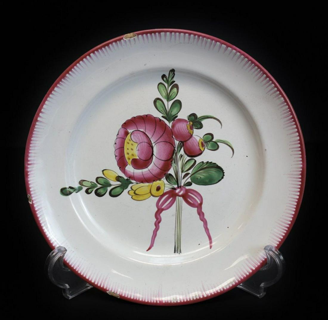 Antique Continental Faience Polychrome Plate, floral display, red, green yellow (1 of 2)