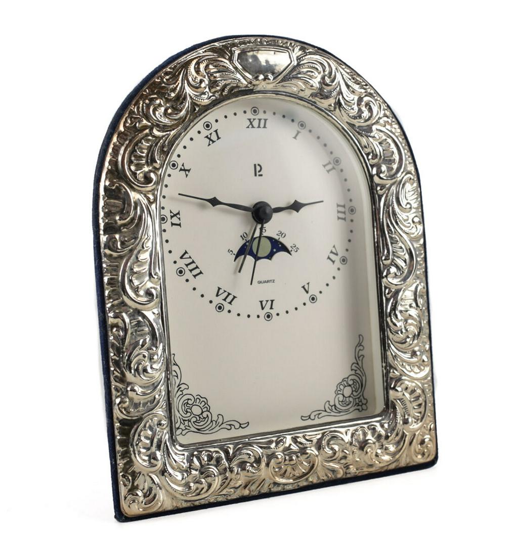 Italian Sterling Silver Desk or Vanity Clock, Blue velvet back, quartz movement, (1 of 4)