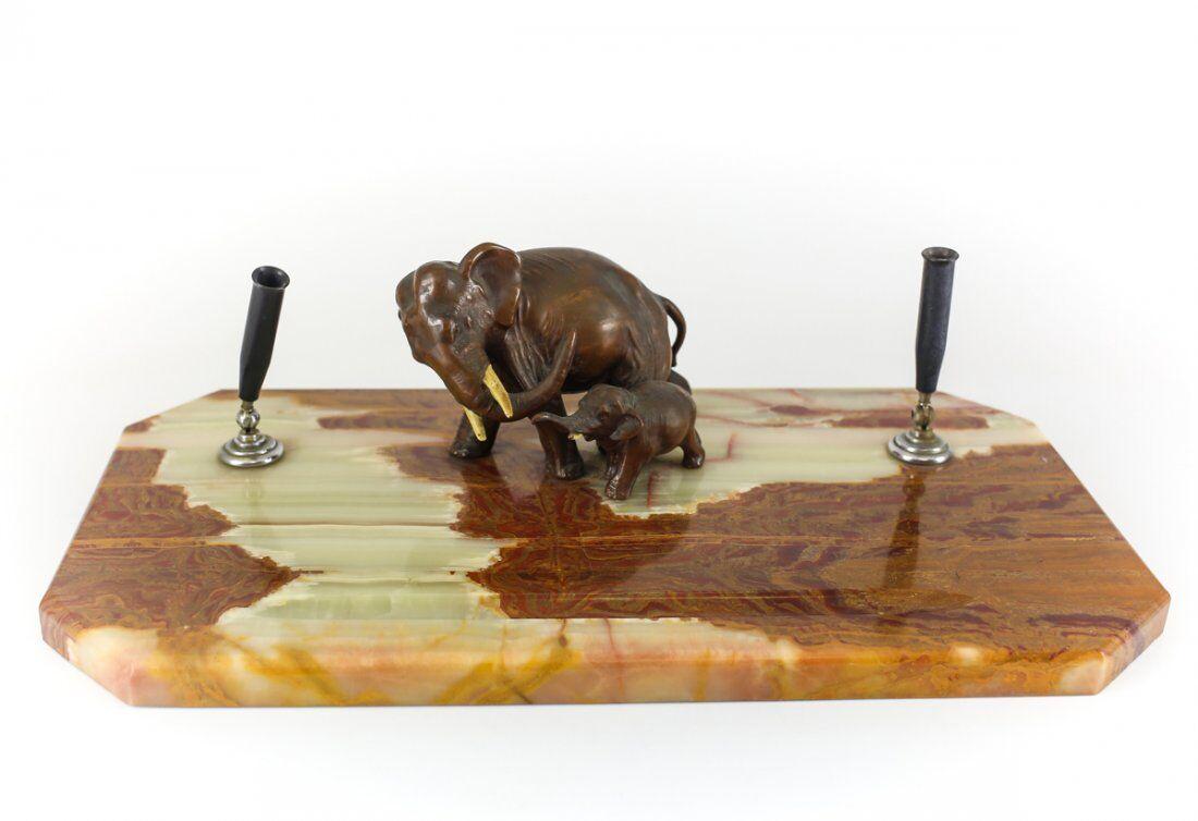 Continental Bronze Elephant & Marble Pen Desk Tray Mom & Baby Trunks Up c1920 (1 of 4)