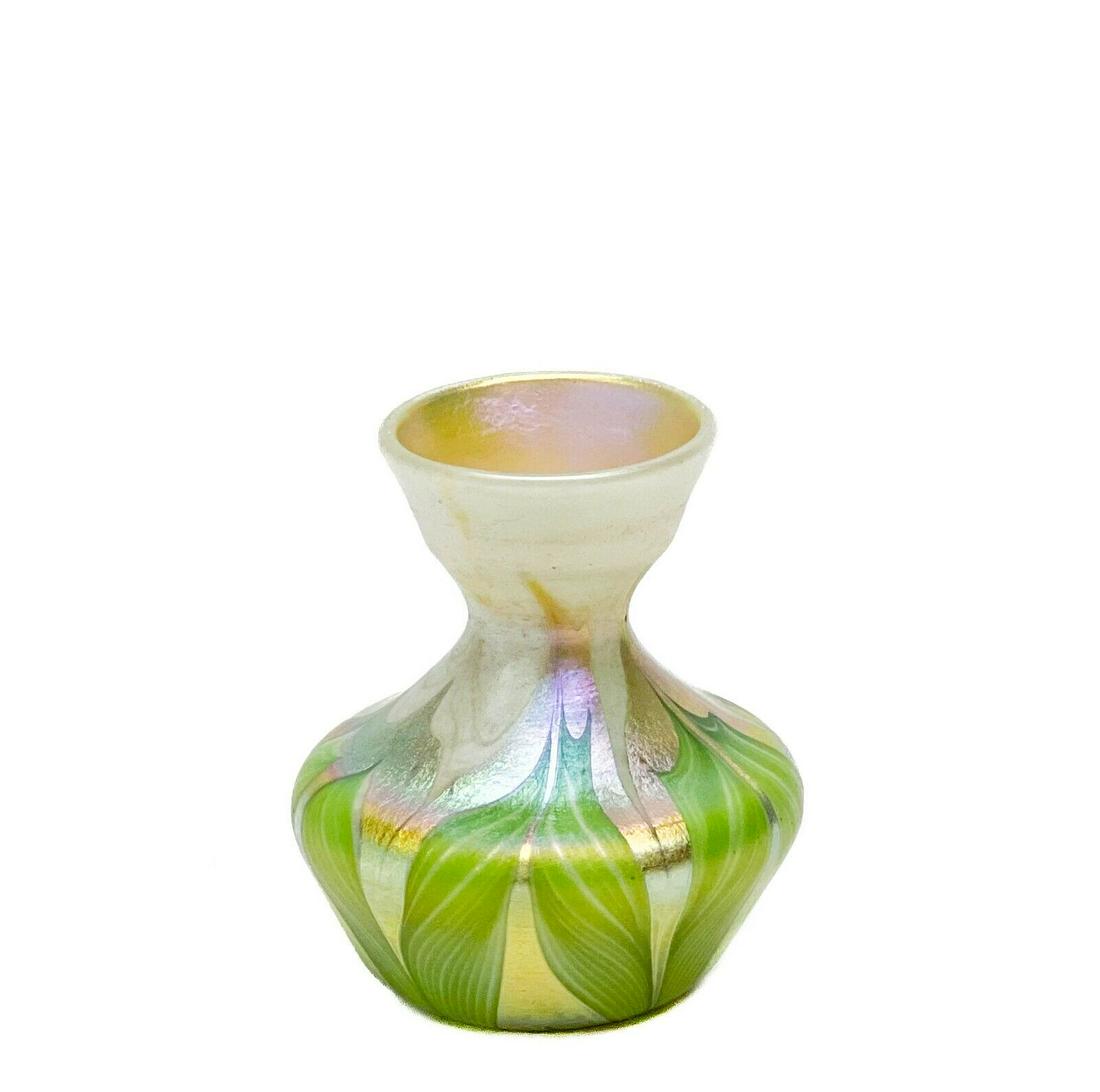 LCT Tiffany Favrile Art Glass Iridescent Pulled Feather Miniature Vase Green (1 of 6)