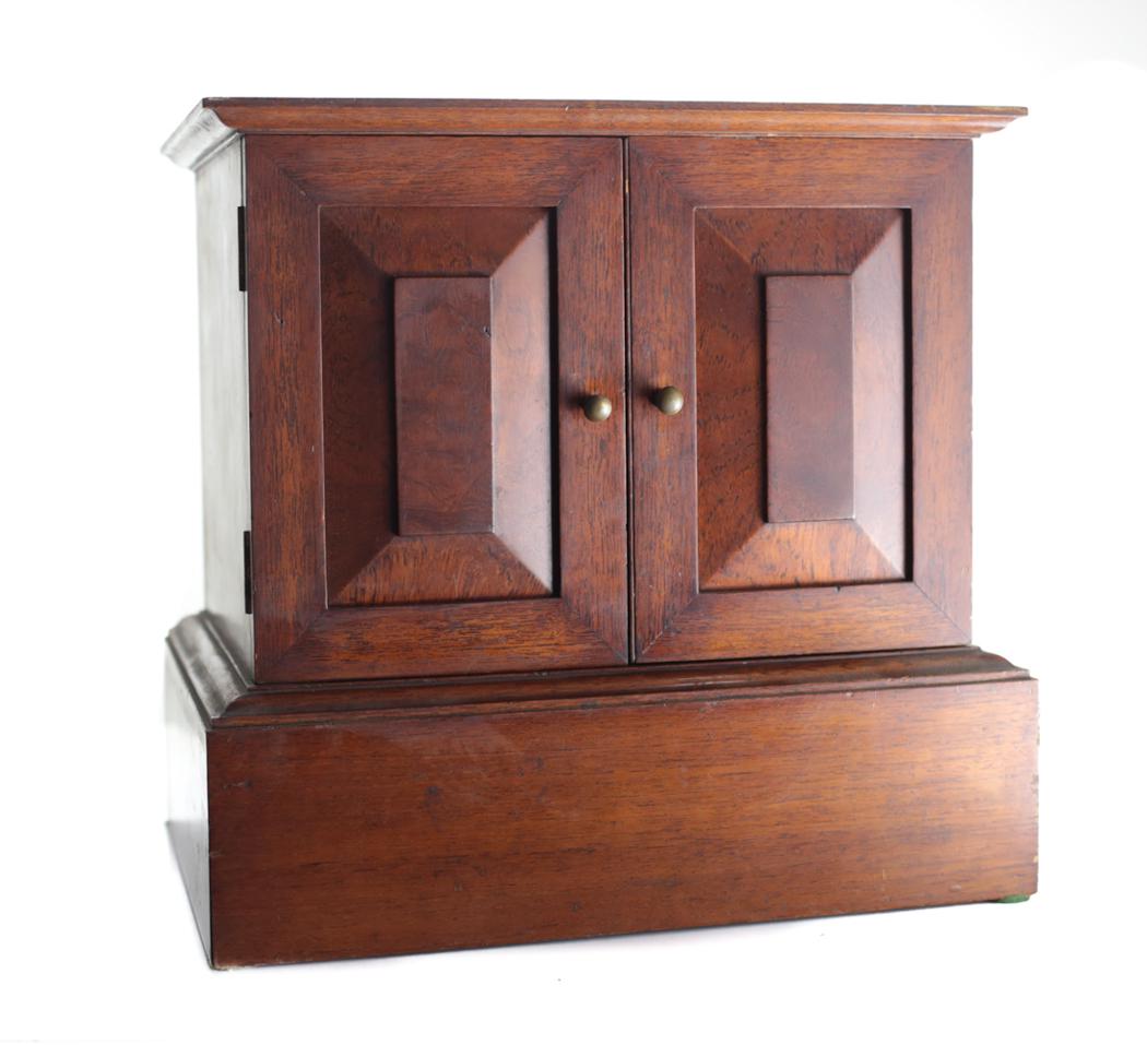 Mahogany Front and Rear opening Box, Tantalus: Mahogany Front and Rear opening Box, raised panel doors open vertically, back doors open laterally top to bottom. Bottom drawer accessable from back. 8.5lbs. 12.75 inches wide x 9 inches deep x 14 inc