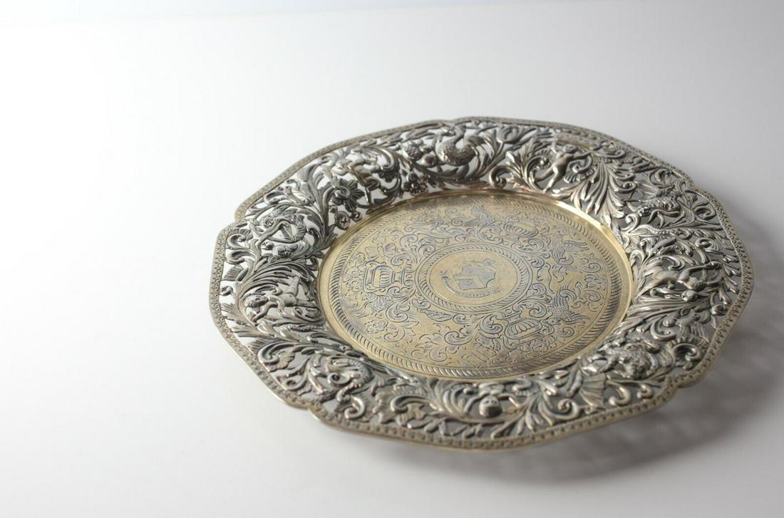 Gilt Sterling Silver Reticulated Repousse Dish London 1892 Charles Stuart Harris: Victorian Gilt Sterling Silver Reticulated Repousse Dish, London 1892, Charles Stuart Harris. Fine repousse pierced rim, featuring putti, birds, fish, fruiting foliage; hand chased urns, birds, insect