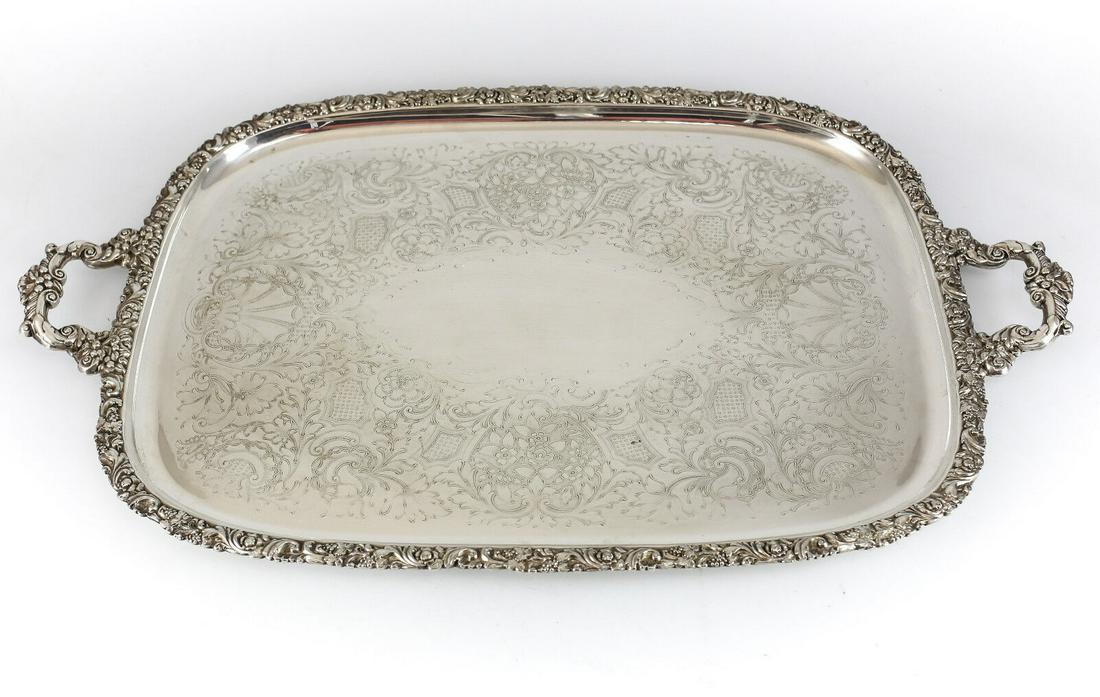 E.G. Webster Silverplate on copper Dual Handle Serving Tray c1900 foliate design (1 of 5)