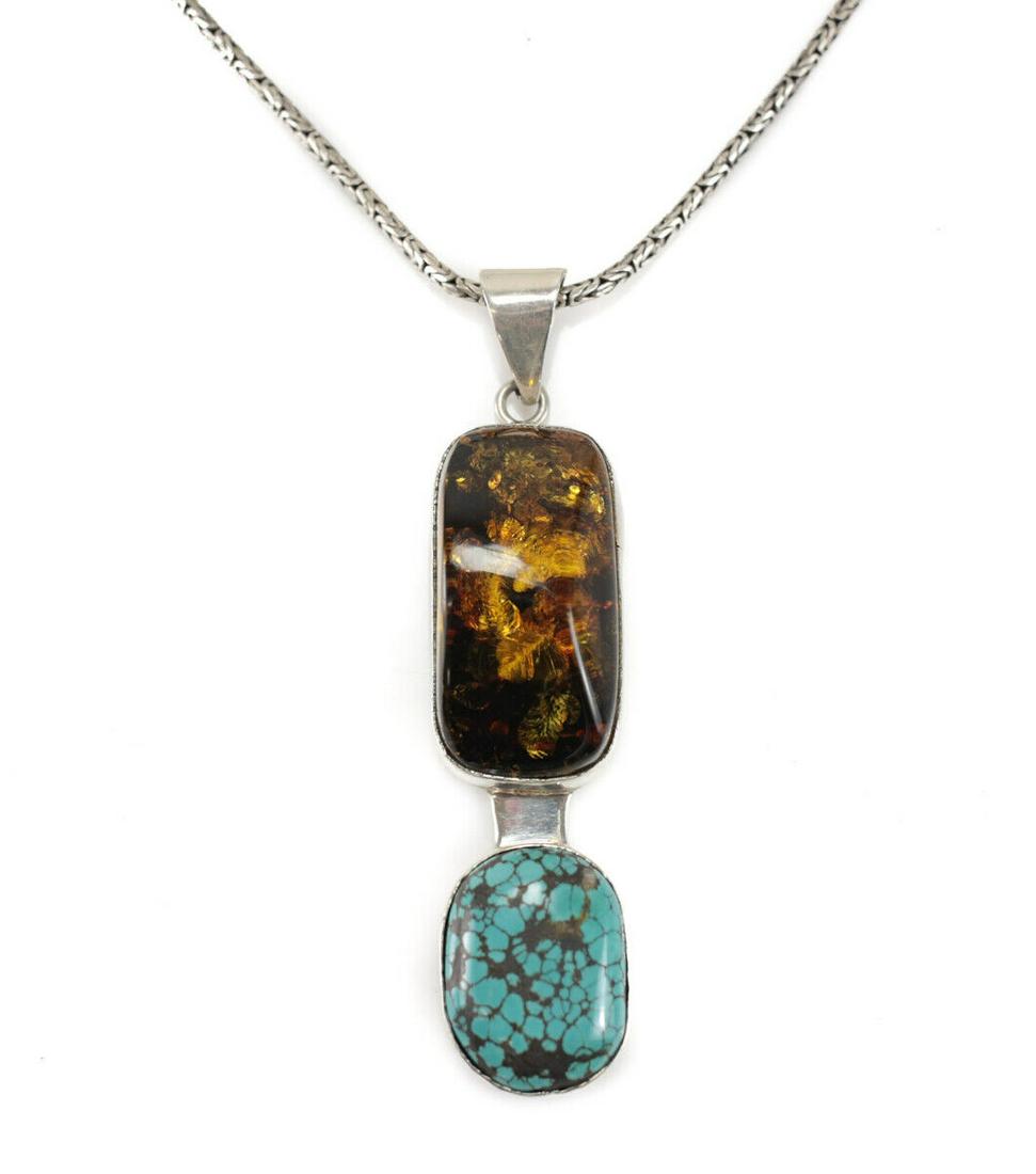 Vintage Sterling Silver Amber Turquoise Modernist Necklace Pendant, Mexico. (1 of 5)