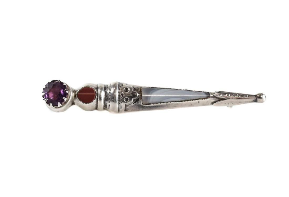 Sterling Silver Kilt Pin Cloak brooch Chester 1914 Hand chased Agate amethyst (1 of 3)