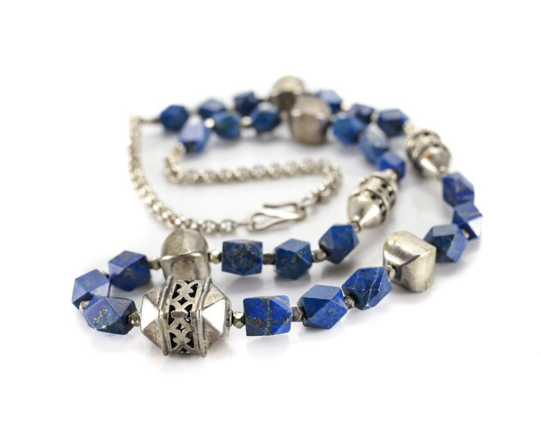 Middle Eastern Sterling Silver and Lapis Lazuli Gemstone Ethnic Necklace c1920 (1 of 5)