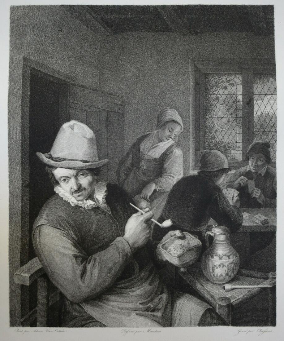19th Century Engraving & Etching Tavern interior Van Ostade Marchais Claessens: Engraving and Etching on paper, Tavern interior with man holding pipe and card players, from the original by Adrien Van Ostade. Designer Pierre Antoine Marchais (French 1763-1859), Engraver Lambert An