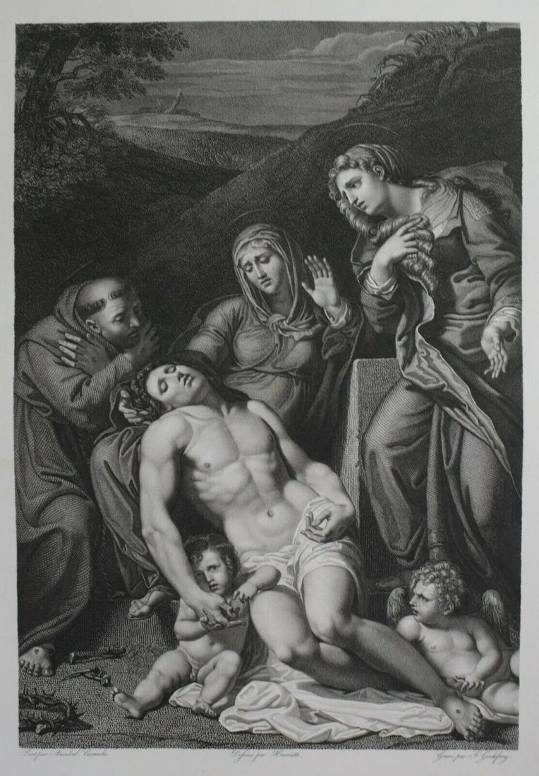 after Annibale Carracci 1560â€“1609 engraving Le Christ mort, Harriette, Godefroy: after Annibale Carracci (1560 â€“ 1609) a 19th century engraving on paper, title "Le Christ mort, sur les genoux de la Vierge", Pieta with St Francis and Mary Magdalene, Intermediate draftsman Ha