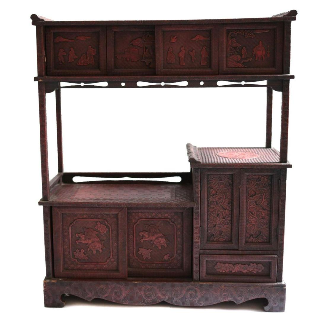 Chinese carved cinnabar lacquered Display cabinet, raised flanges (1 of 10)