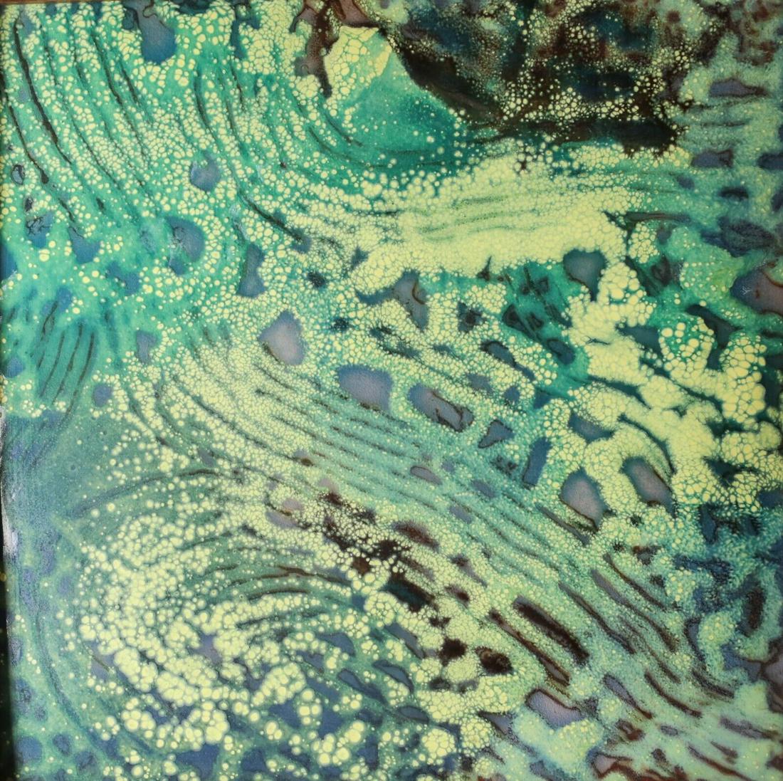 Mid Century Enamel on Metal Abstract Green Design in wooden frame (1 of 4)