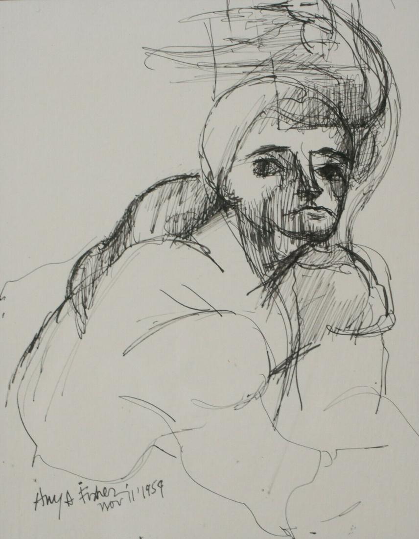 Anya Fisher (1905 - 1992) Pen and Ink drawing on paper, figure, signed: Anya Fisher (1905 - 1992) Pen and Ink drawing on paper, figure, signed and dated lower left. Wood frame, glazed. 3lb Anya Fisher is known for her strong, organic, abstracted female forms. Her use of f