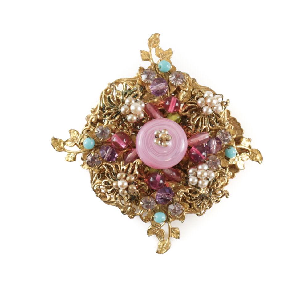 Early Miriam Haskell Brooch - Gold tone setting pink swirl, aqua, purple glass (1 of 3)