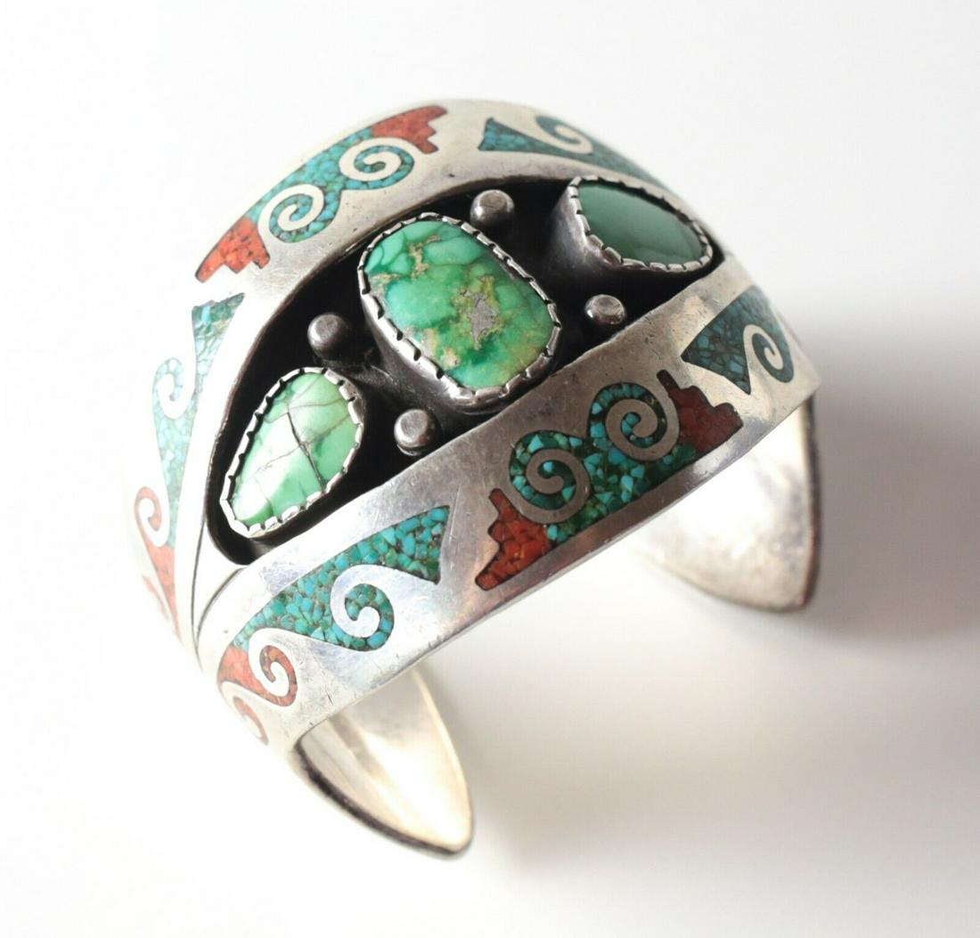 Charlie Singer Navajo Sterling Silver Turquoise Mosaic Inlay Cuff Bracelet (1 of 8)