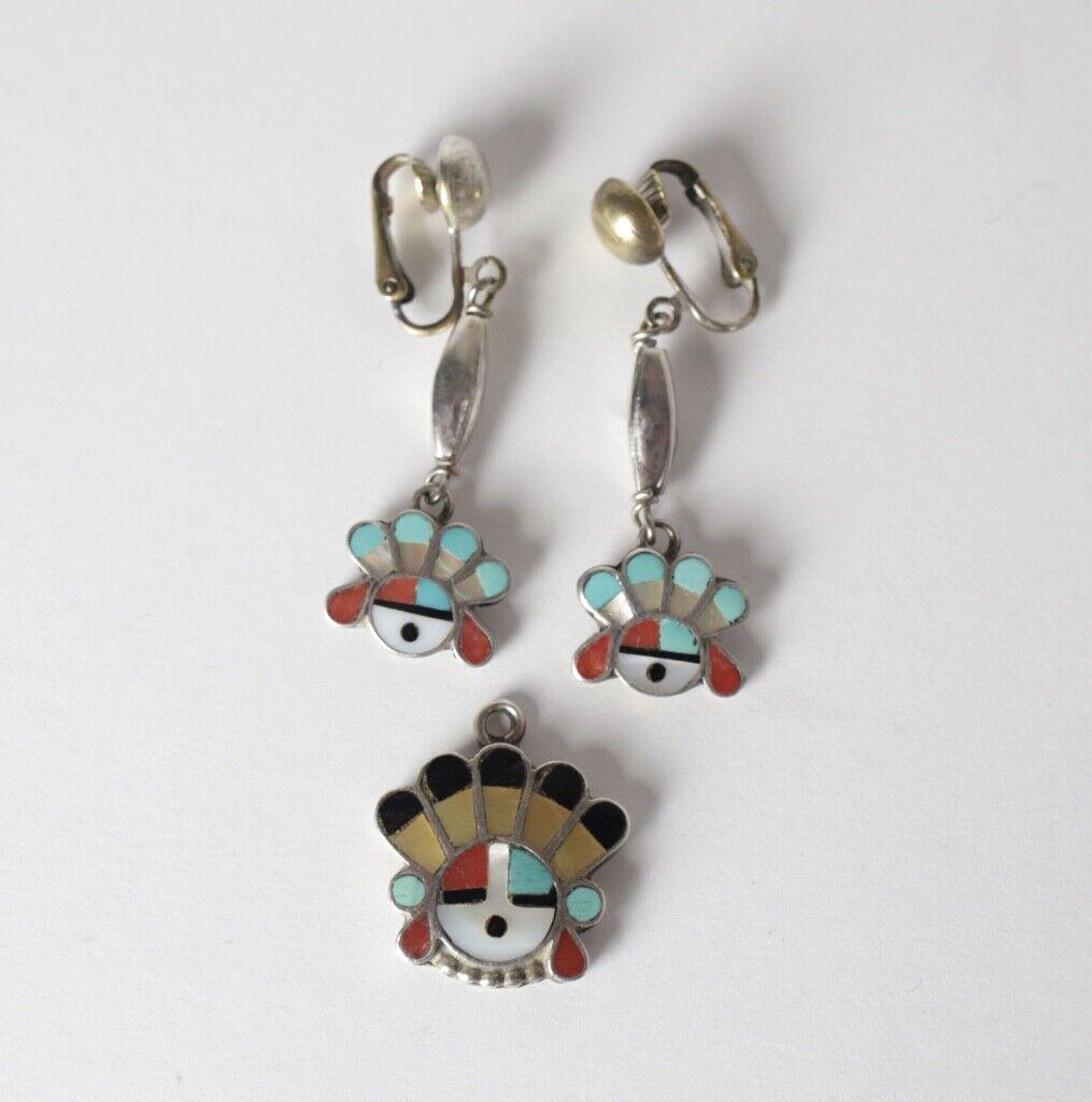 Vtg Zuni Sterling Silver Multistone Inlay Sunface Clip on earrings and pendant, (1 of 6)
