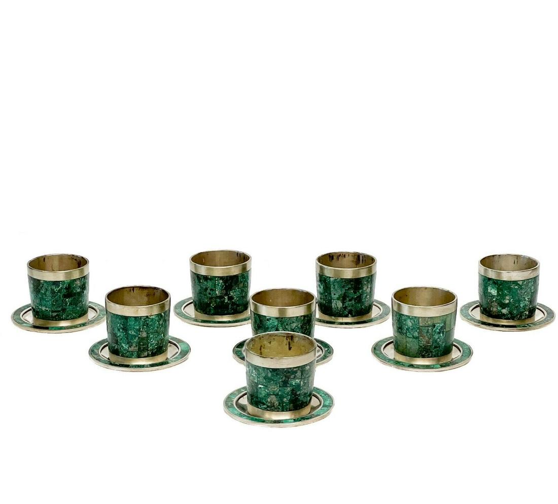 10 Los Castillo Taxco Mexican Sterling Silver & Malachite Cups & Saucers c1960 (1 of 7)