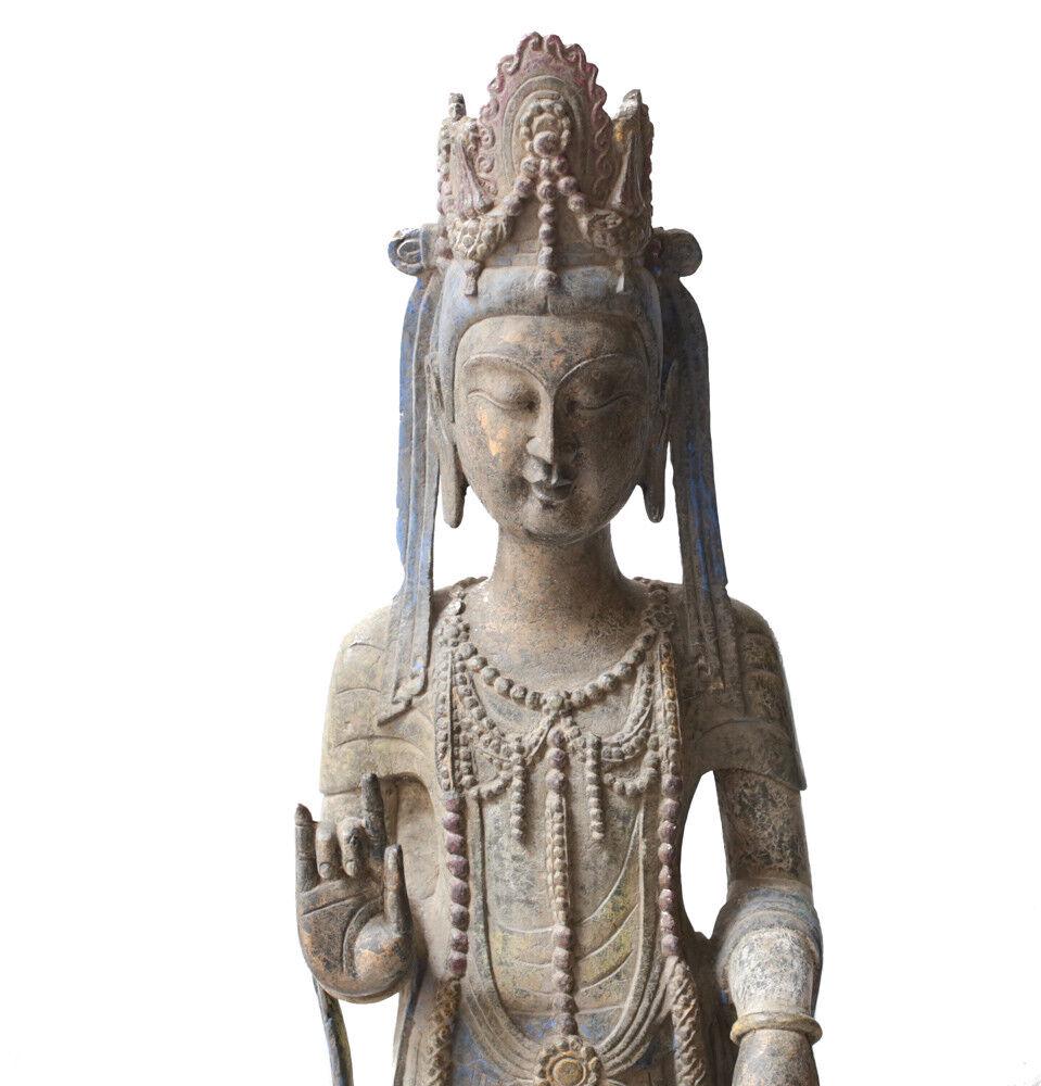 Monumental Guanyin Polychrome painted bronze statue, standing pose: Large Guanyin Polychrome painted bronze statue, standing pose, in elaborately decorated robe and headdress, her right hand in a karana mudra, holding a strand of pearls in her left hand. Stands on a l