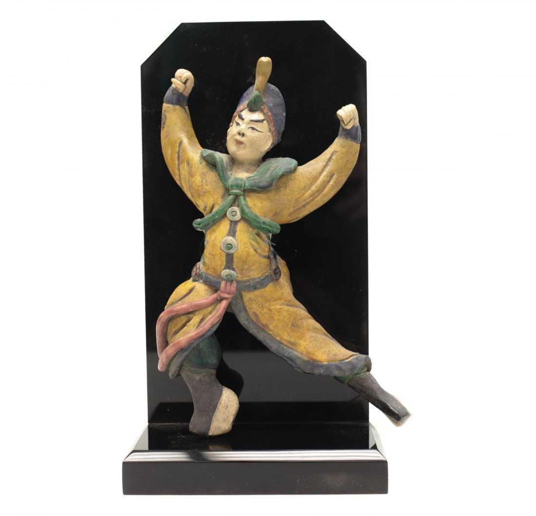 19th c Chinese Polychrome Stucco Roof Figure  leaping character in yellow robe (1 of 5)