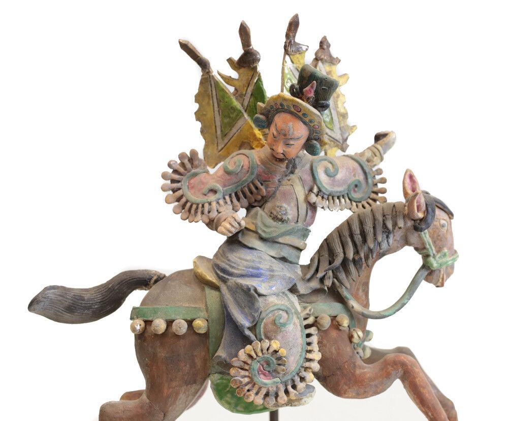 19th c Chinese Polychrome Stucco Roof Figure Warrior on horseback with flags (1 of 5)