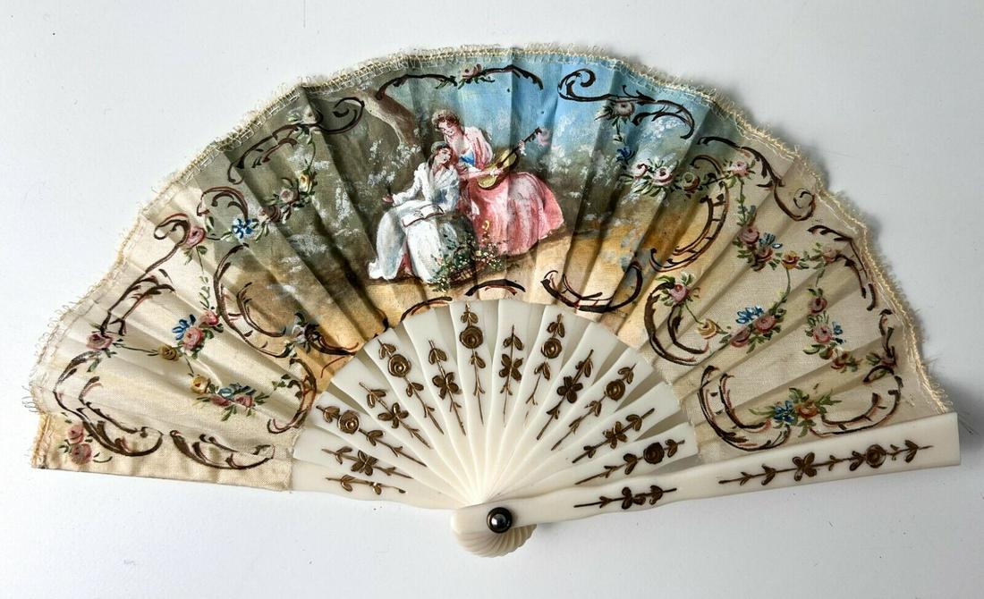 Antique French Miniature Child's Fan, celluloid and hand painted silk (1 of 5)