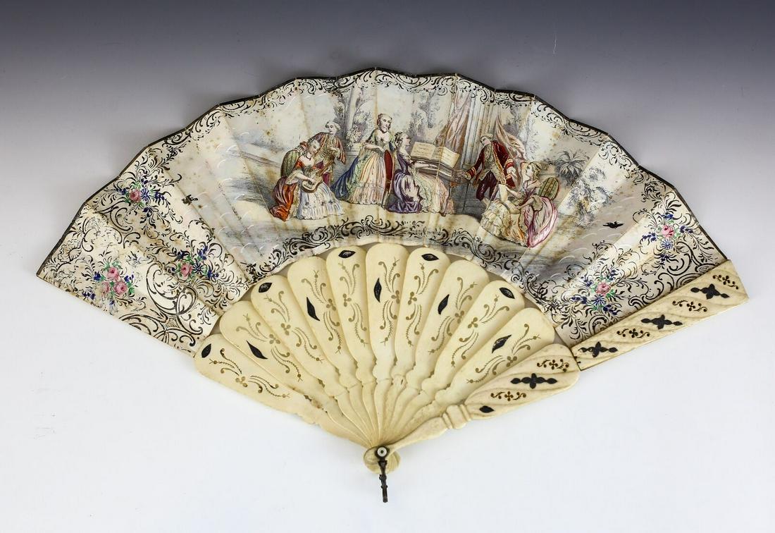 Antique French Bone and Hand Colored paper fan c1900: Hand Colored, French c1900 Silver Overlay on Bovine Cow Bone Fan - one side of the leaves feature a scene with costumed figures with musical instruments including a pianoforte. The reverse has birds a
