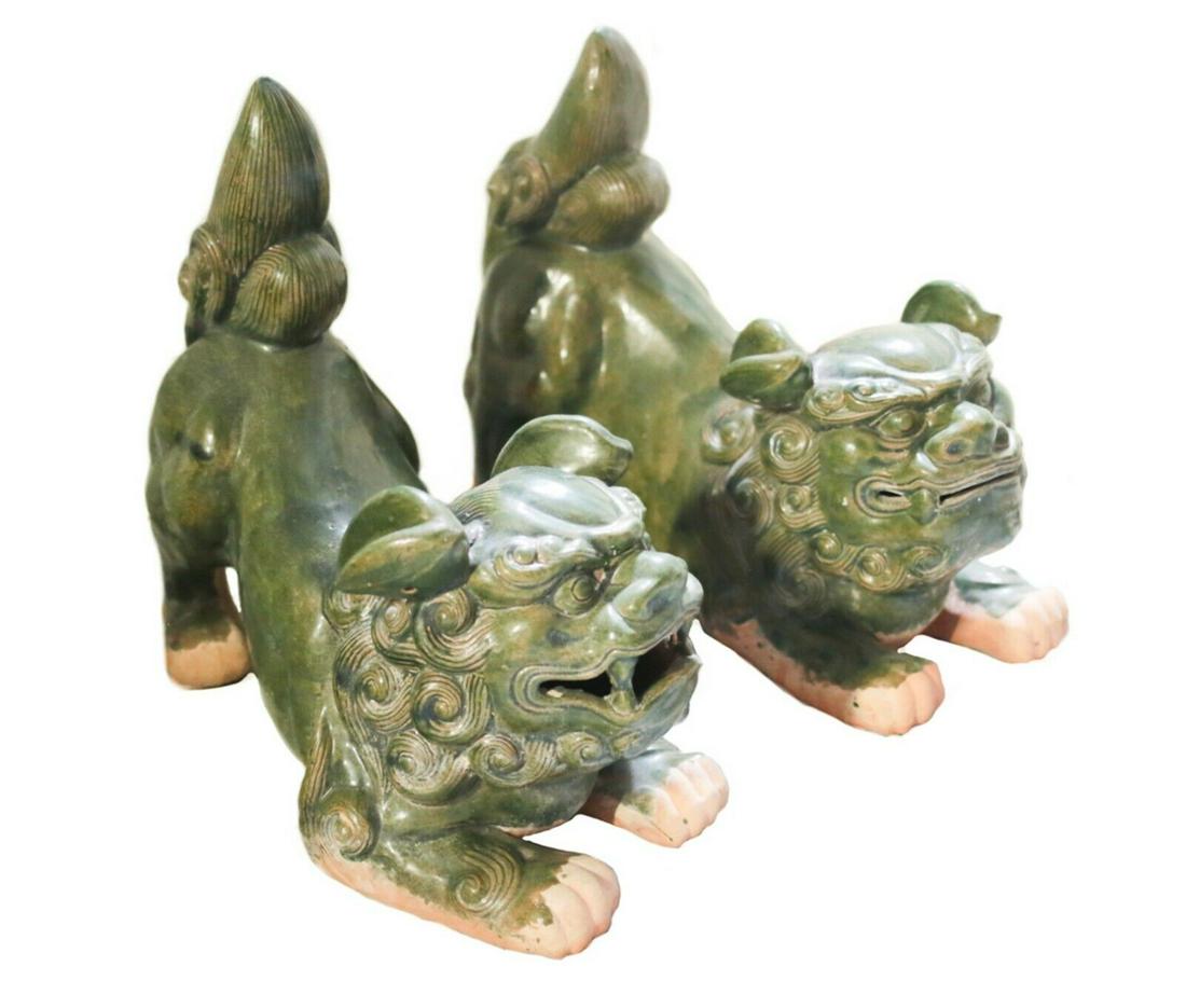 Pair of Large Ceramic Foo Dogs, deep olive green glazed (1 of 8)